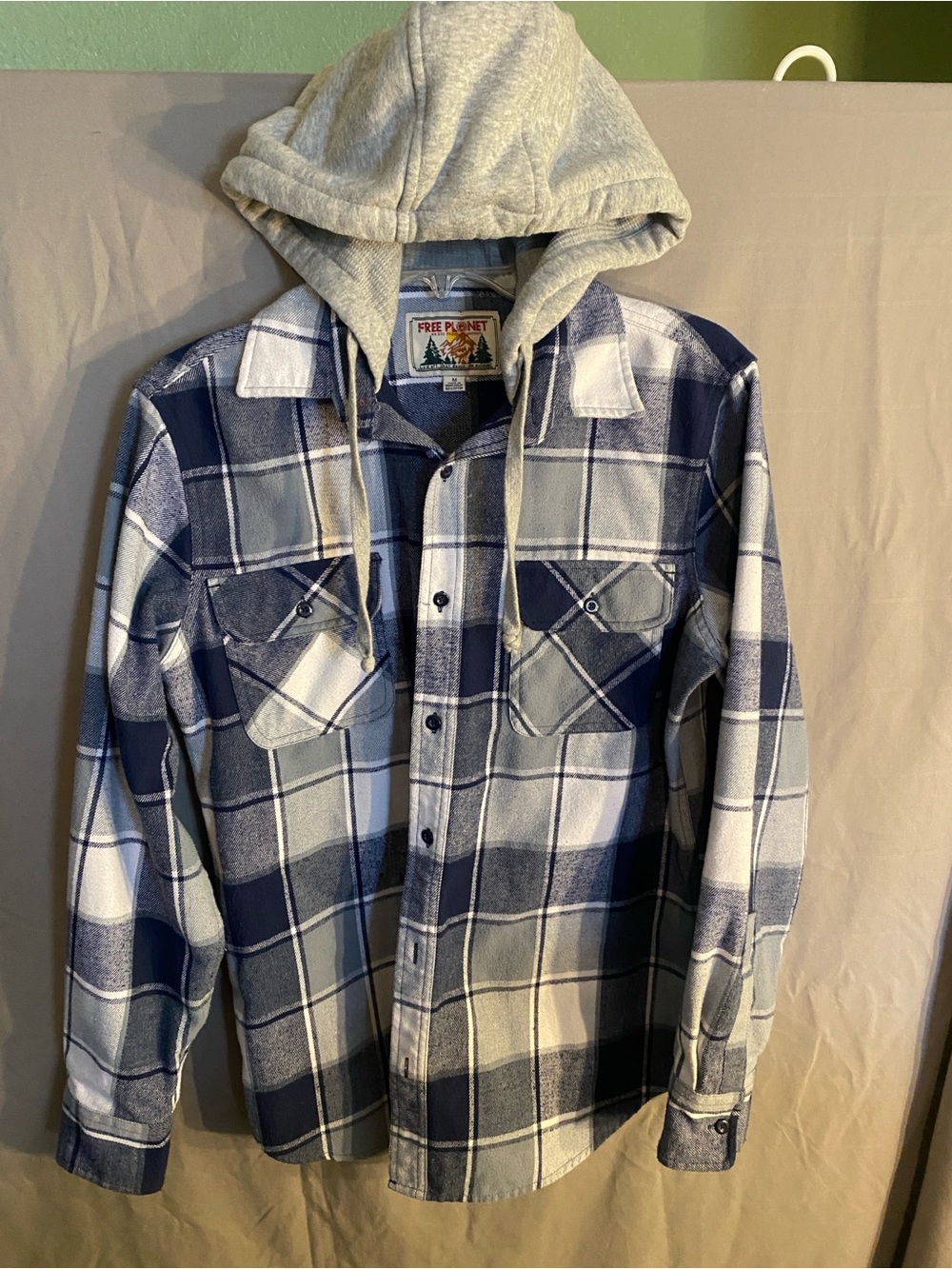 Free Planet Blue and White Plaid Hooded Flannel Shirt Jacket